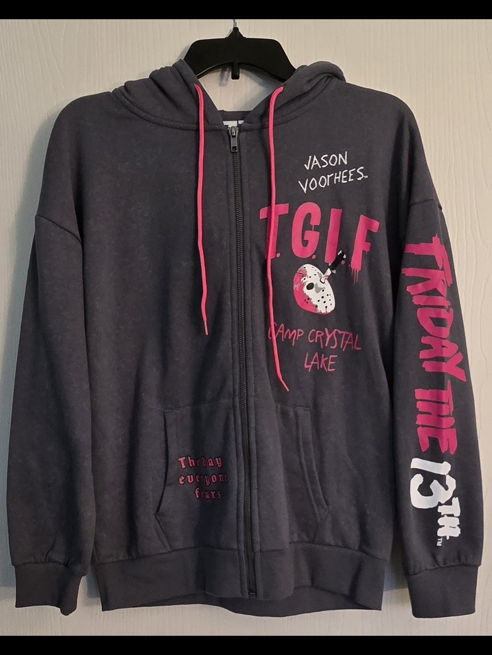 NWT TGIF Jason Voorhees Zip Hoodie - Dark Grey with Pink Accents